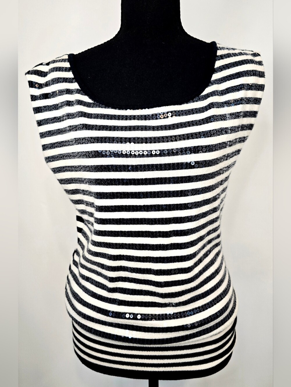Y2K Arden B Cream Black Sequin Striped Knit Top Glam Nautical Chic Parisian